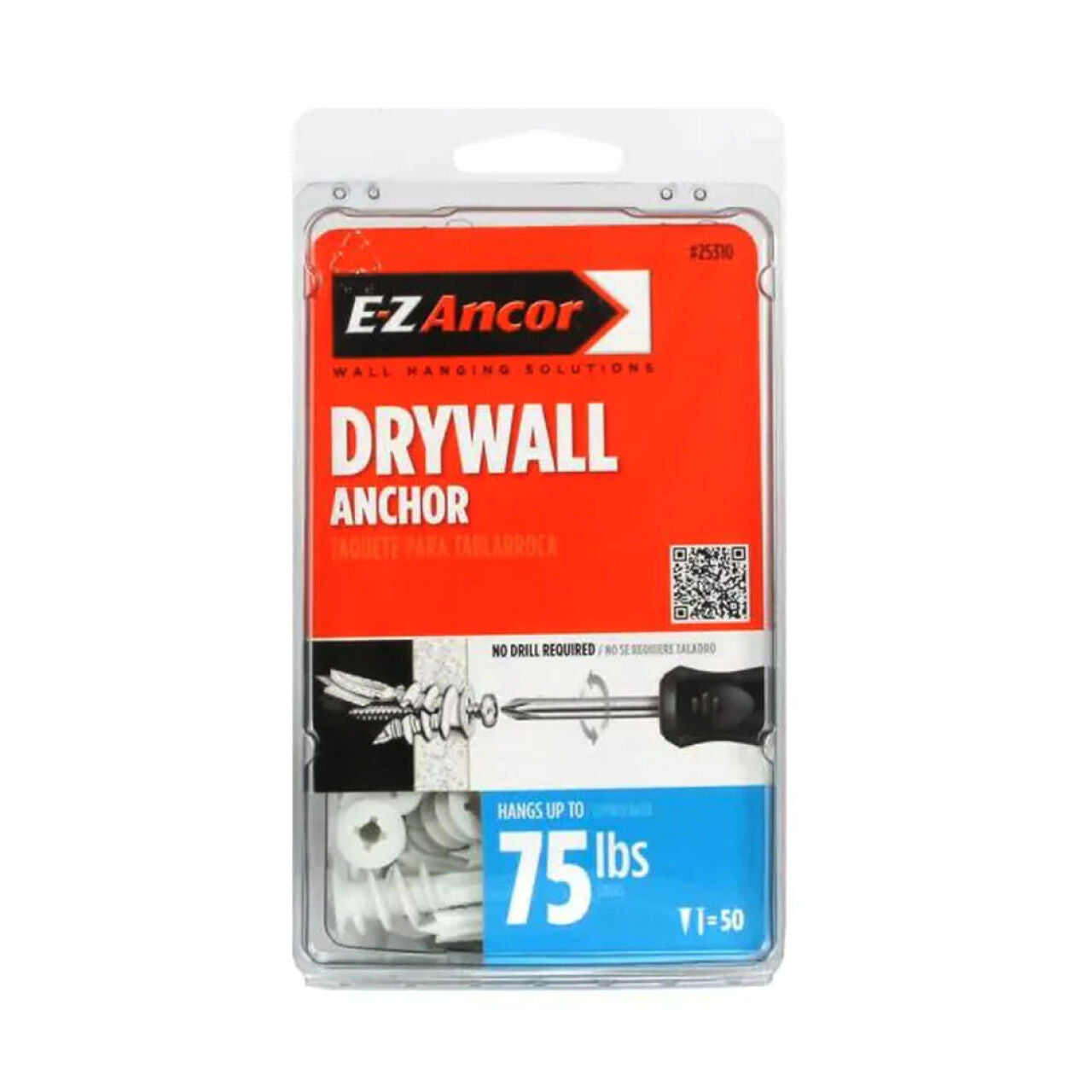 Go Build #8 Drywall Anchors with 1-5/8 in. screws (50/Pack) hold up to 75 lbs for medium-duty wall use. No predrilling needed. The package features an installation illustration and the slogan The Fastest Way To Build.